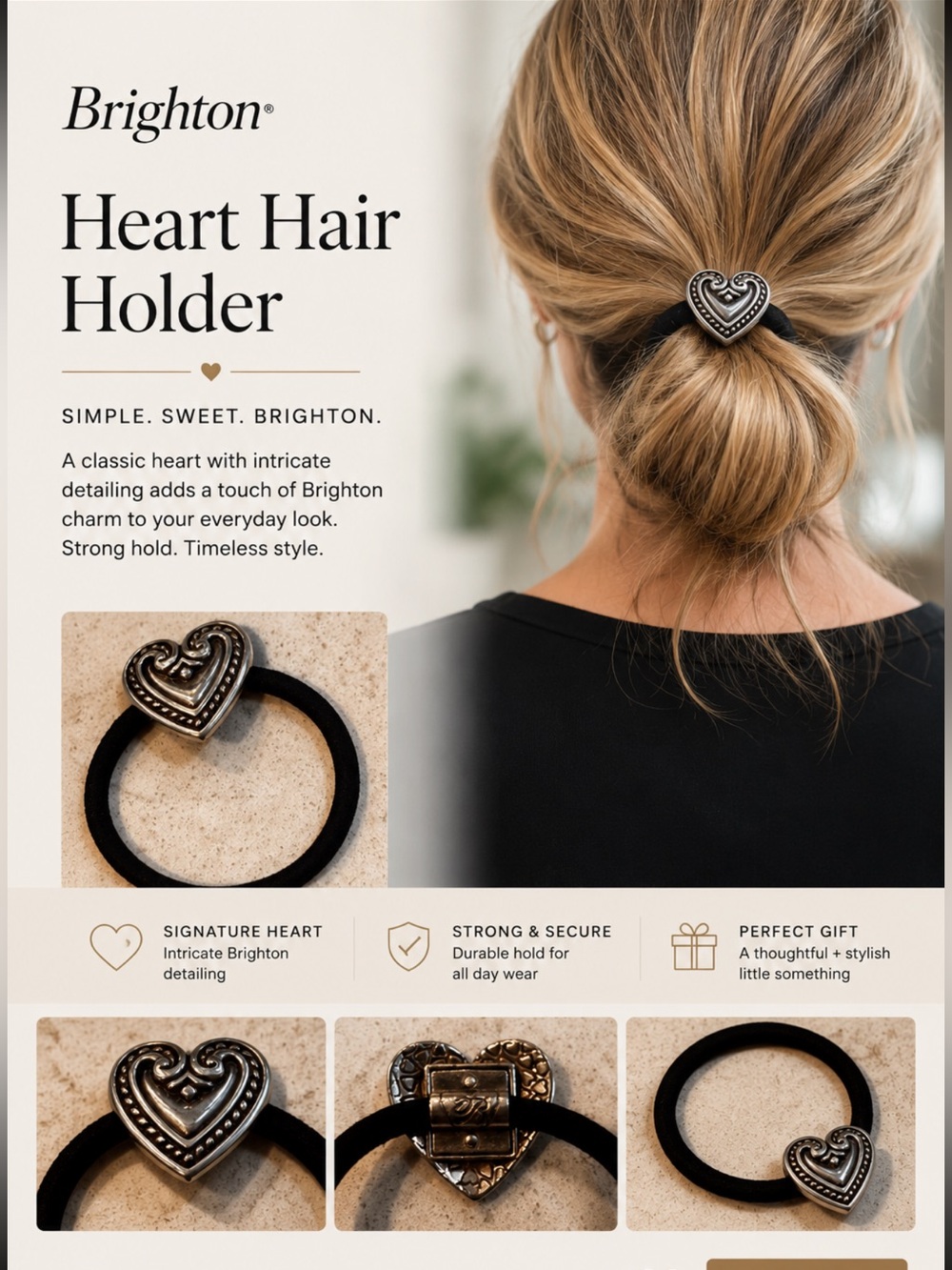 Brighton-Heart-Shaped Silver and Black Hair Tie